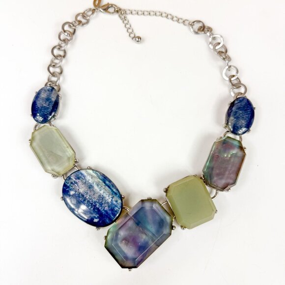 Chicos Silver Tone XL Resin Blue Green Cabochons Statement Necklace & Bracelet - Picture 2 of 6